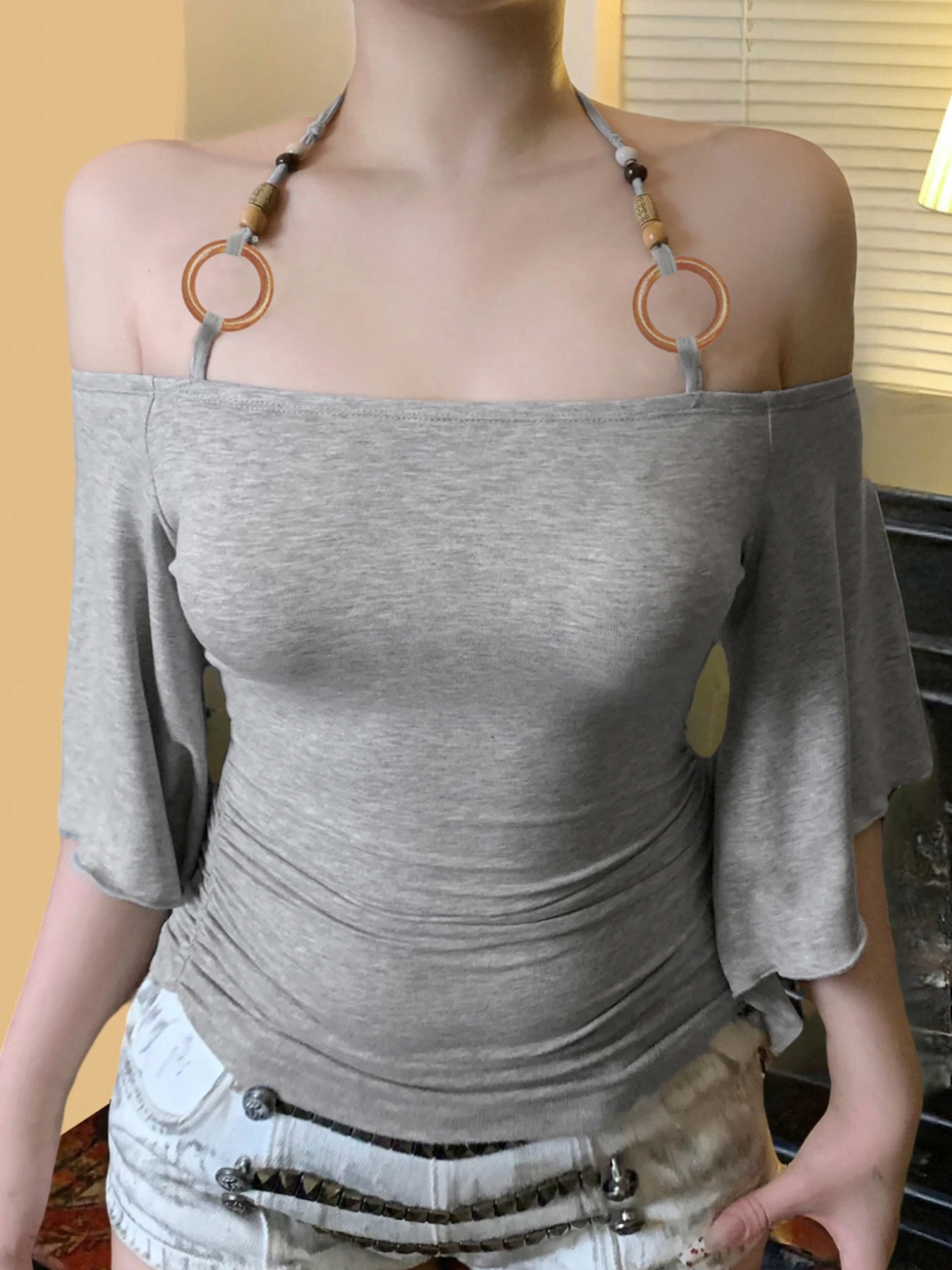 

Sweetown Fashion Beading Slim Fit Chic Women Halter Tops Bating Sleeve Solid Causal Simple Slash Neck Blouses