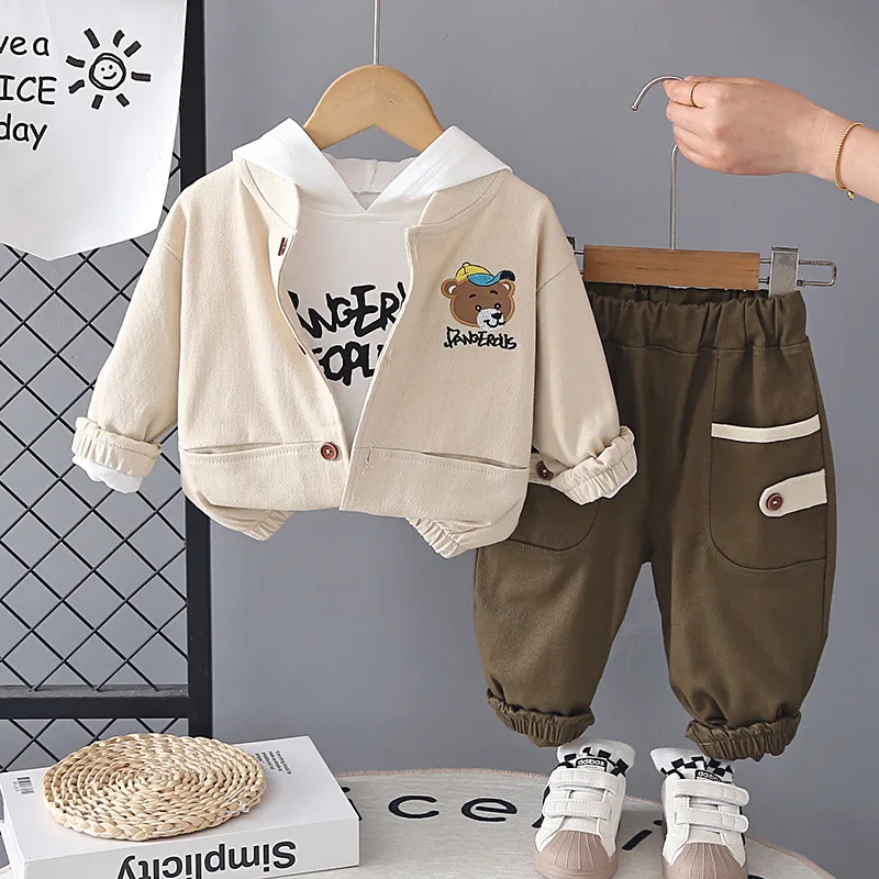 2026 Spring Autumn Baby Boys Girls 3 Piece Set Cute Bear Cartoon Hooded Jacket + T-shirt + Pants Toddler Outfits Kids Clothes