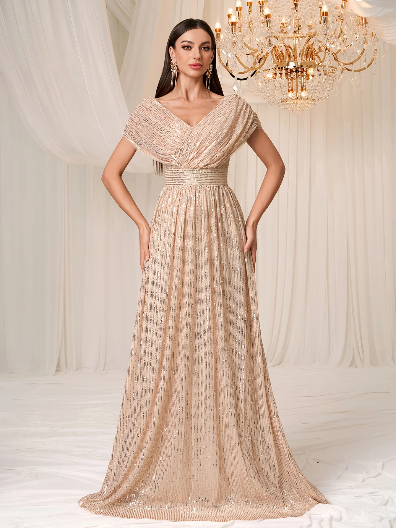 Vestido de noite feminino elegante com lantejoulas brilhantes – vestido de baile slim fit com decote em V duplo para casamentos e configurações formais,