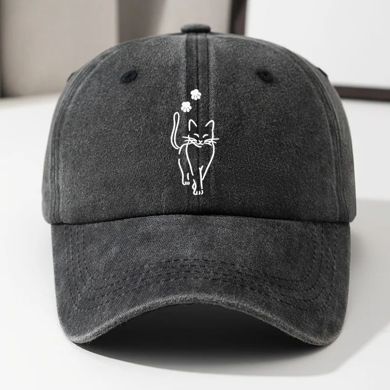 Cute Cat Print Baseball Cap Women'S Hat Soft Top Retro Washed Denim Curved Brim Hip-Hop Cap Adjustable High-Quality Outdoor Trav
