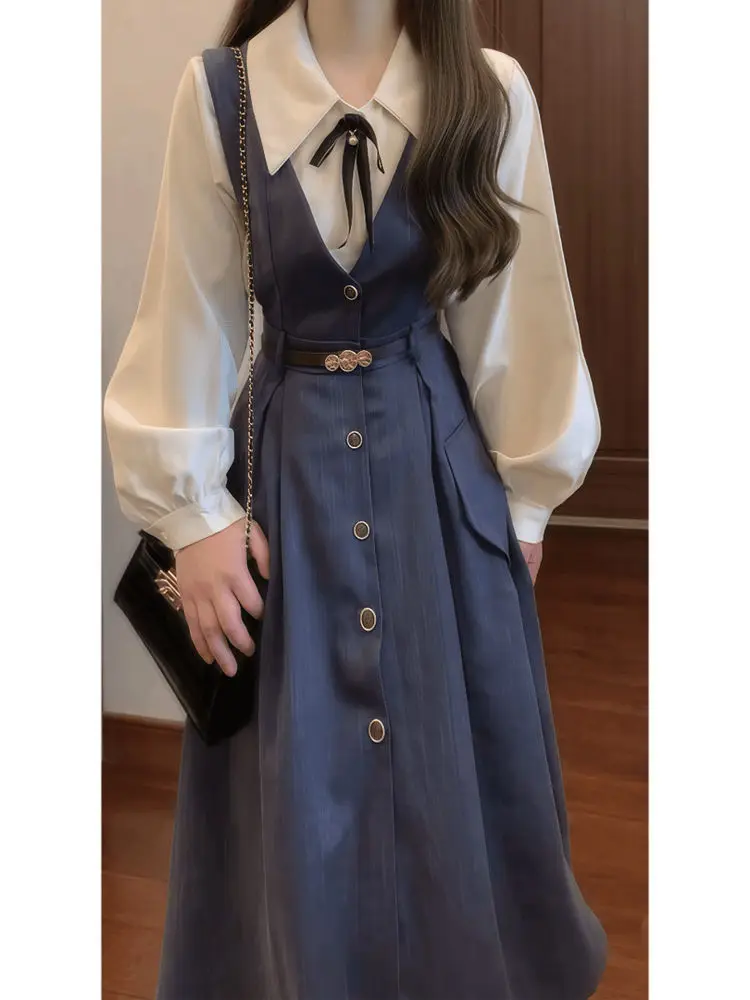 

French literary retro commuter new vest dress women's 2024 autumn college long-sleeved shirt age-reducing waist two-piece suit