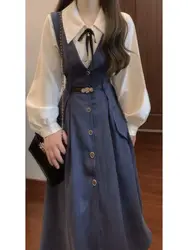 French literature and art retro commuting new vest dress women's spring and autumn college long-sleeved shirt age-reducing waist