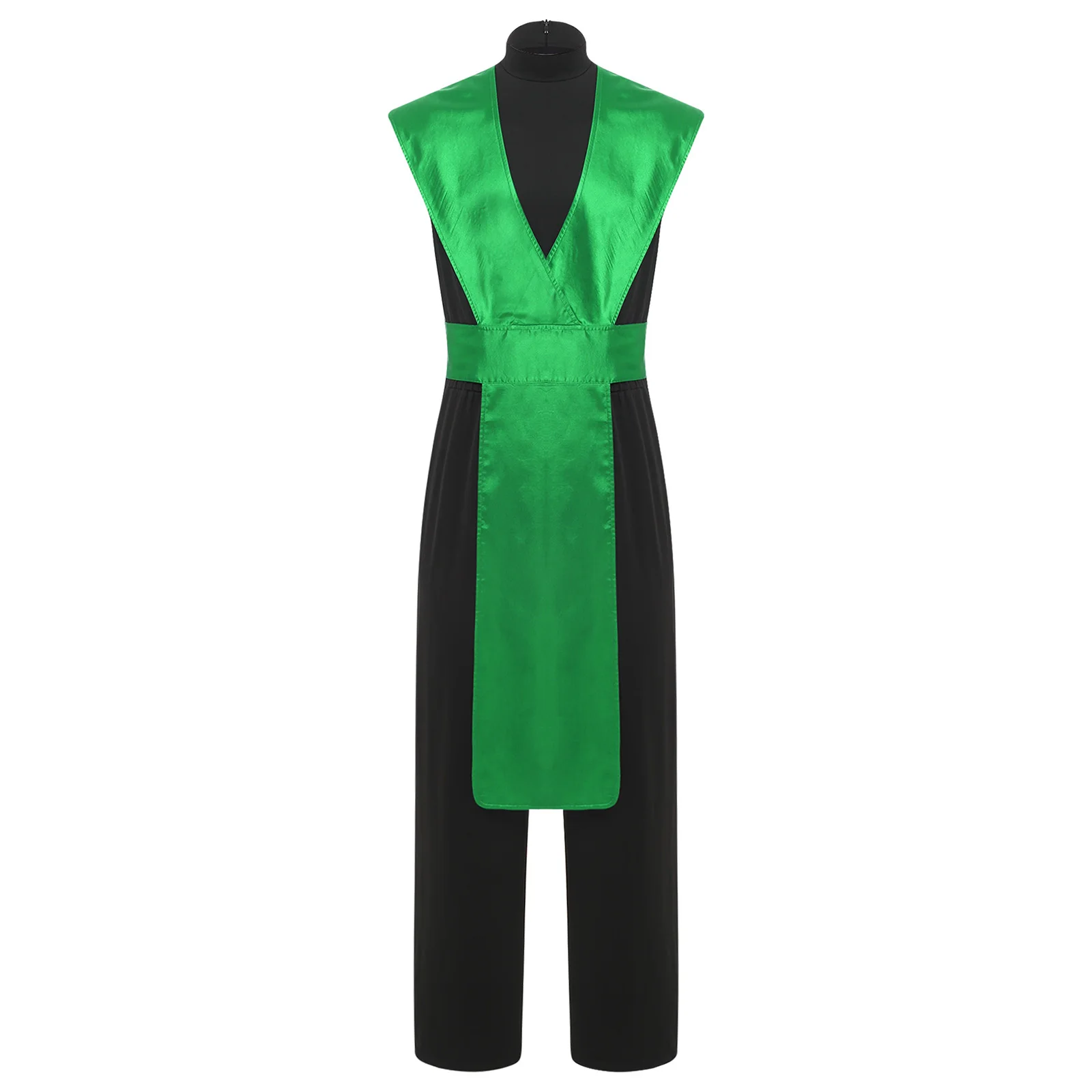 

Mens Fighter Cosplay Halloween Outfit Mock Neck Sleeveless Back Invisible Zipper Jumpsuit with V-neck Sleeveless Satin Cover-up