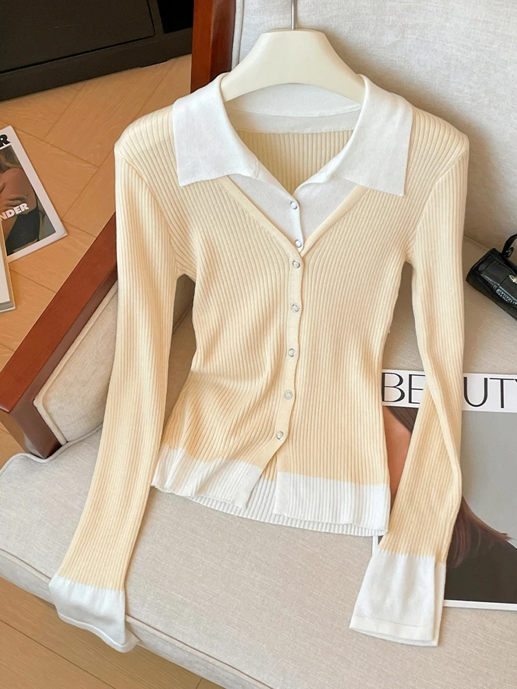 Autumn Winter Woman Contrast Color Cardigan Vintage Fake Two Pieces Sweater Old Money Long Sleeve Knitwears Elegant Mori Girl