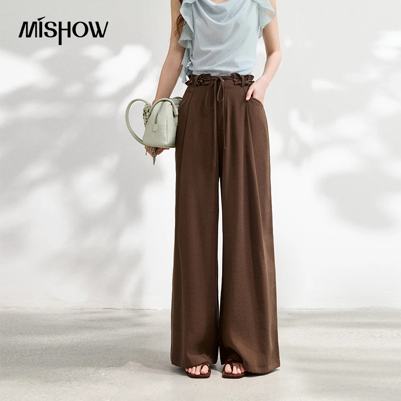 MISHOW Ruffles Wide Leg Pants 2026 Summer New Pocket Slimming Lace Belt Breathable Gentle Draping Trousers For Women MXF24K1288