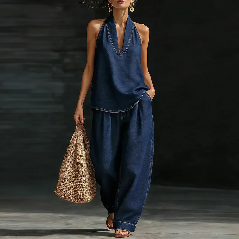 

Новый летний повседневный джинсовый костюм для города: однотонный комплект для активного отдыха, женский сексуальный топ с завязками на шее и широкие брюки, две части