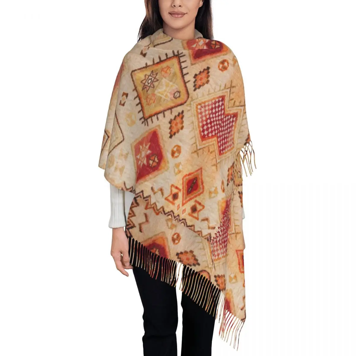 

Lady Large Vintage Berber Desert Traditional Moroccan Style Scarves Thick Tassel Shawl Wrap Bohemian Geometric Diamond Scarf