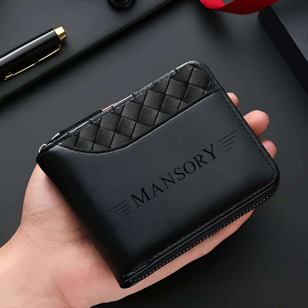 Personalized Luxury Faux Leather Wallet for Men Embossed Top, Smooth Black Faux Leather Body, Zip Closure, Multiple Card Slots