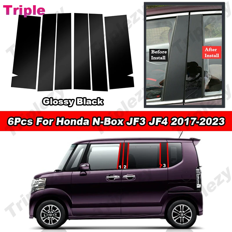 6Pcs Glossy Piano Black/Carbon Fiber Car Door BC Pillar Posts Trim Cover Window Sticker For Honda NBox N-Box JF3 JF4 2017-2023