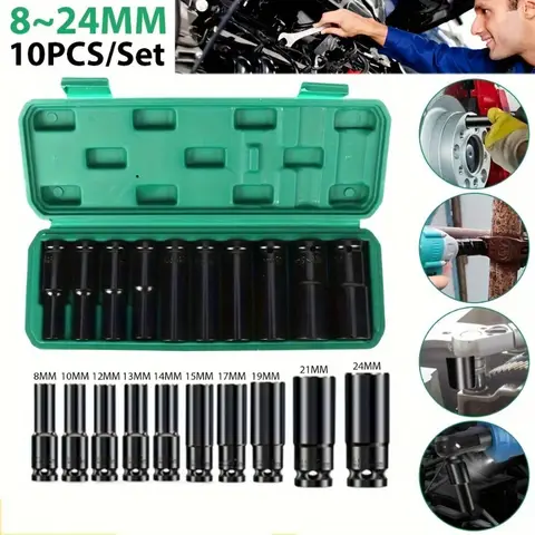 10pcs 1/2" Drive Metric Impact Socket Set Universal Socket Metric Drive Deep Socket Set Wrench for Air Pneumatic Repair Tools