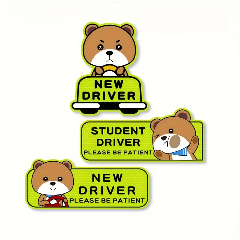3 Cute Bear-Themed Beginner Driver Car Stickers, 3-Piece Set of Magnetic Reflective Stickers, Safety Warning Stickers, Essential Stickers for Beginner Drivers, Night Reflective Stickers, Refrigerator Magnets
