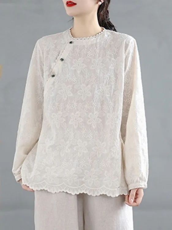 

Весенняя женская повседневная блузка оверсайз с длинным рукавом, однотонная, с вышивкой и кружевной отделкой, для фигуры типа «груша»