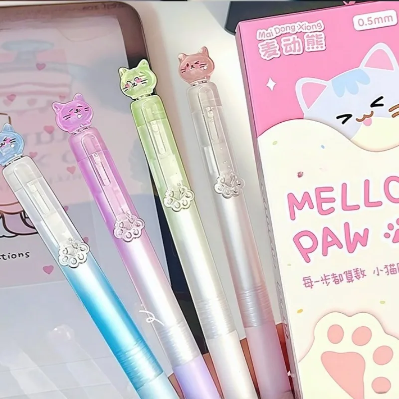 Set of 4 Gradient Cat-Themed Retractable Gel Pens, Featuring Rotating Cat Designs and Black Ink. Smooth Writing, Perfect for St