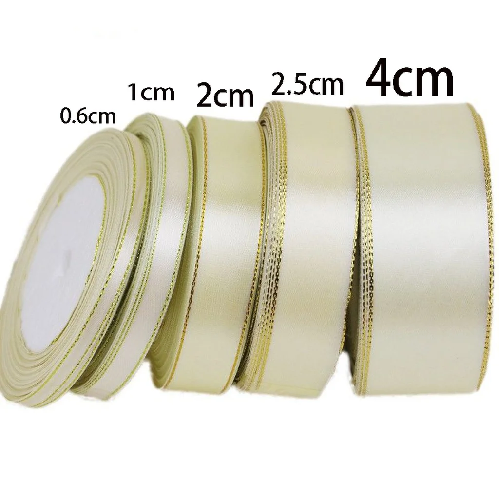 (25 Yards/Roll) Beige Gold Edge Satin Ribbon Wholesale Gift Christmas Ribbons (6/10/20/25/40mm)