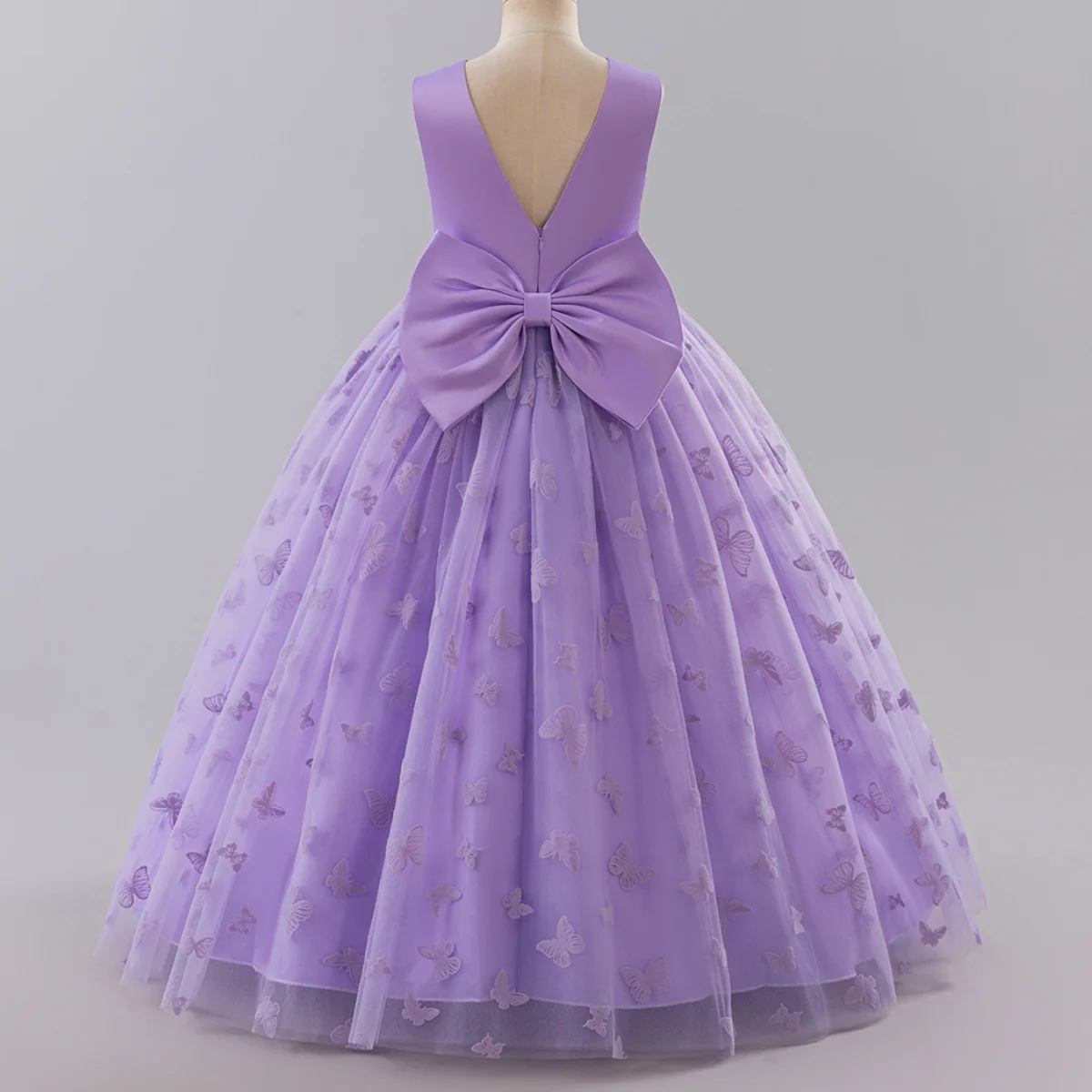 فستان الأميرة الشبكي الجديد للفتيات ذو الفراشة الطويلة بلون سادة بدون أكمام، فستان سهرة لأداء البيانو لفتاة الزهور