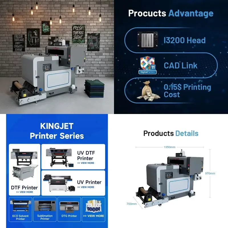 for Kingjet Pet Film DTF Printer Set XP600 I3200 T-Shirt 30cm 60cm 2 Head Printer A2 A3 Large Format DTF Printing Machine