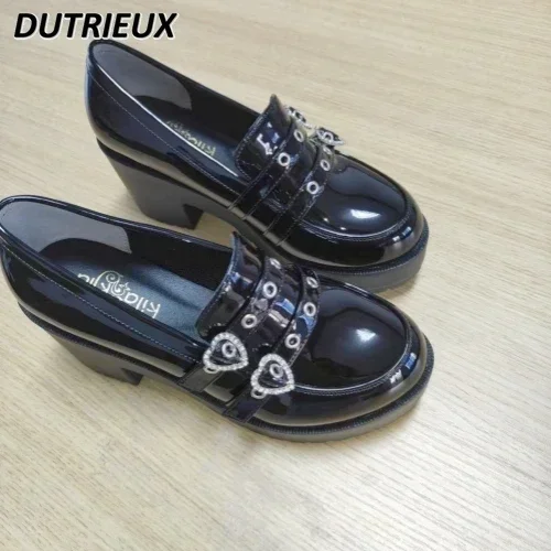 Japanese Sweet ACute Mine Heart Buckle Shallow Mouth Patent Leather Shoes Student Platform Heel Shoes Women High Heels Pumps