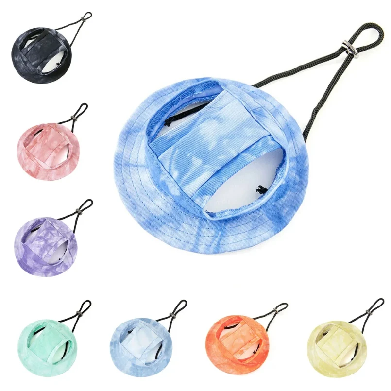 

Adjustable Dog Hat Fashion Tie-dyed Pet Bucket Hats with Ear Holes Round Brim Dog Cap Outdoor Sun Bonnet Cat Cap Pet Accessories