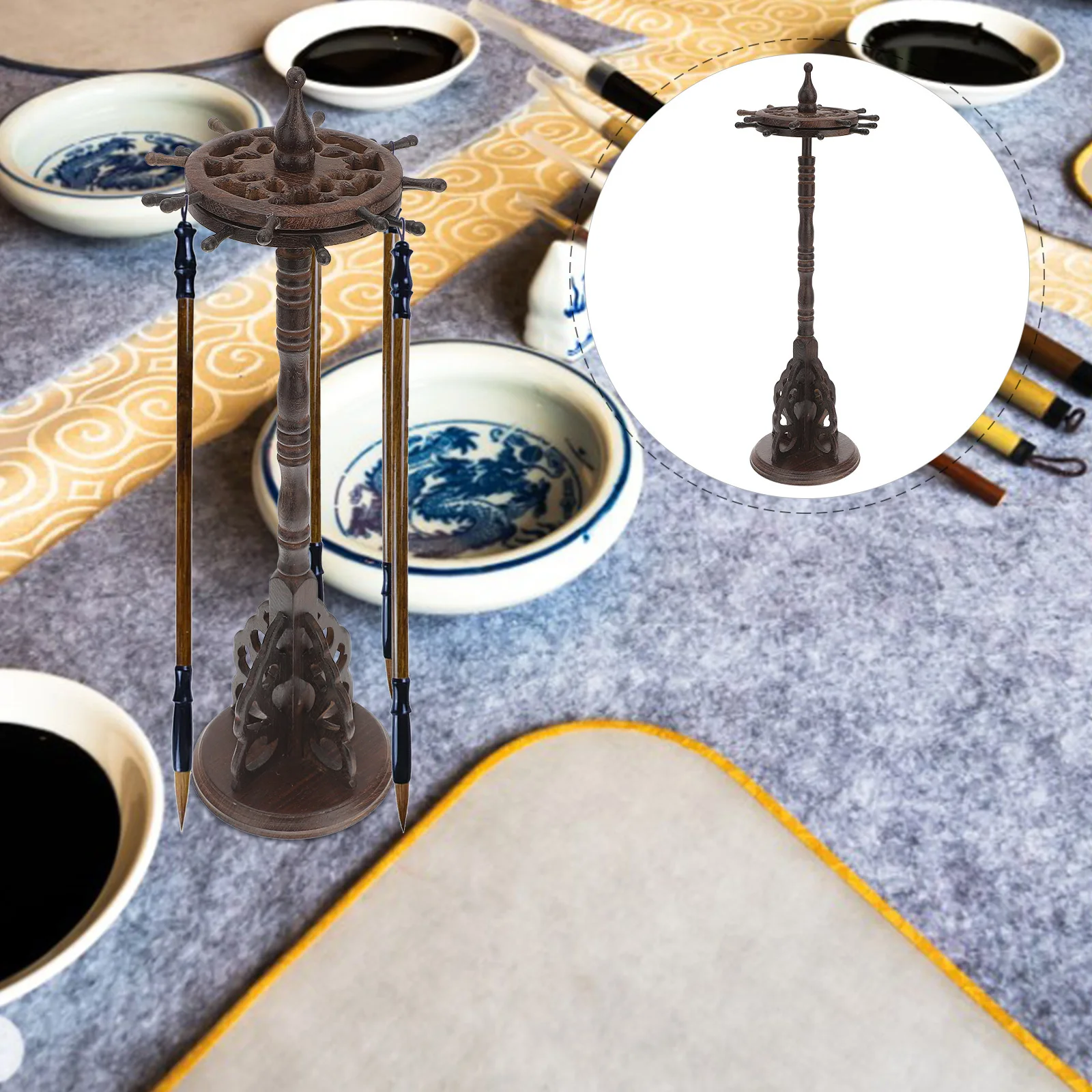 1 قطعة فرشاة خشبية جودة القلم رف معلق خمر قاعدة مستديرة فرشاة قلم تخزين سطح المكتب ديكور منظم للمكتب #1