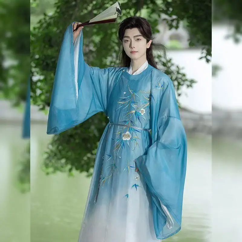 

Classic Bamboo Embroidery Hanfu Traditional Chinese Costume Tang Dynasty Round Neck Robe Boys Girls Halloween Cosplay Clothing