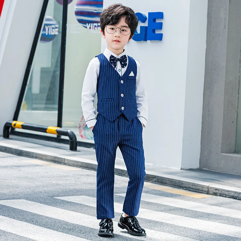 Boys Black Striped Waistcoat Suit 2-Piece Set with White Shirt Teen School Kids Wedding Ring Bearer Stage Host Dress Wear 2-13Y