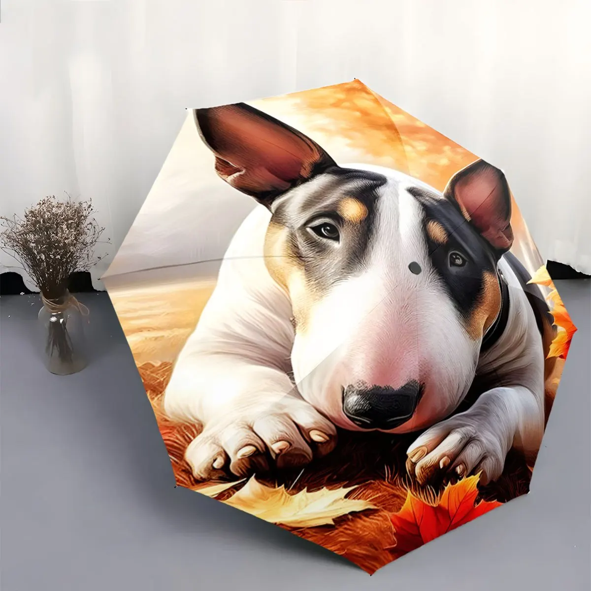

Automatic Folding Umbrella A bull terrier lying on autumn leaves. Portable collapsible design, casual outdoor accessory, Chris