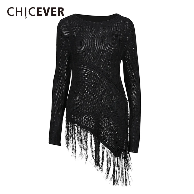 

CHICEVER Solid Spliced Tassel Basics T Shirt Female O Neck Long Sleeves Loose Hollow Out Sheer Women's T Shirts Autumn Style New