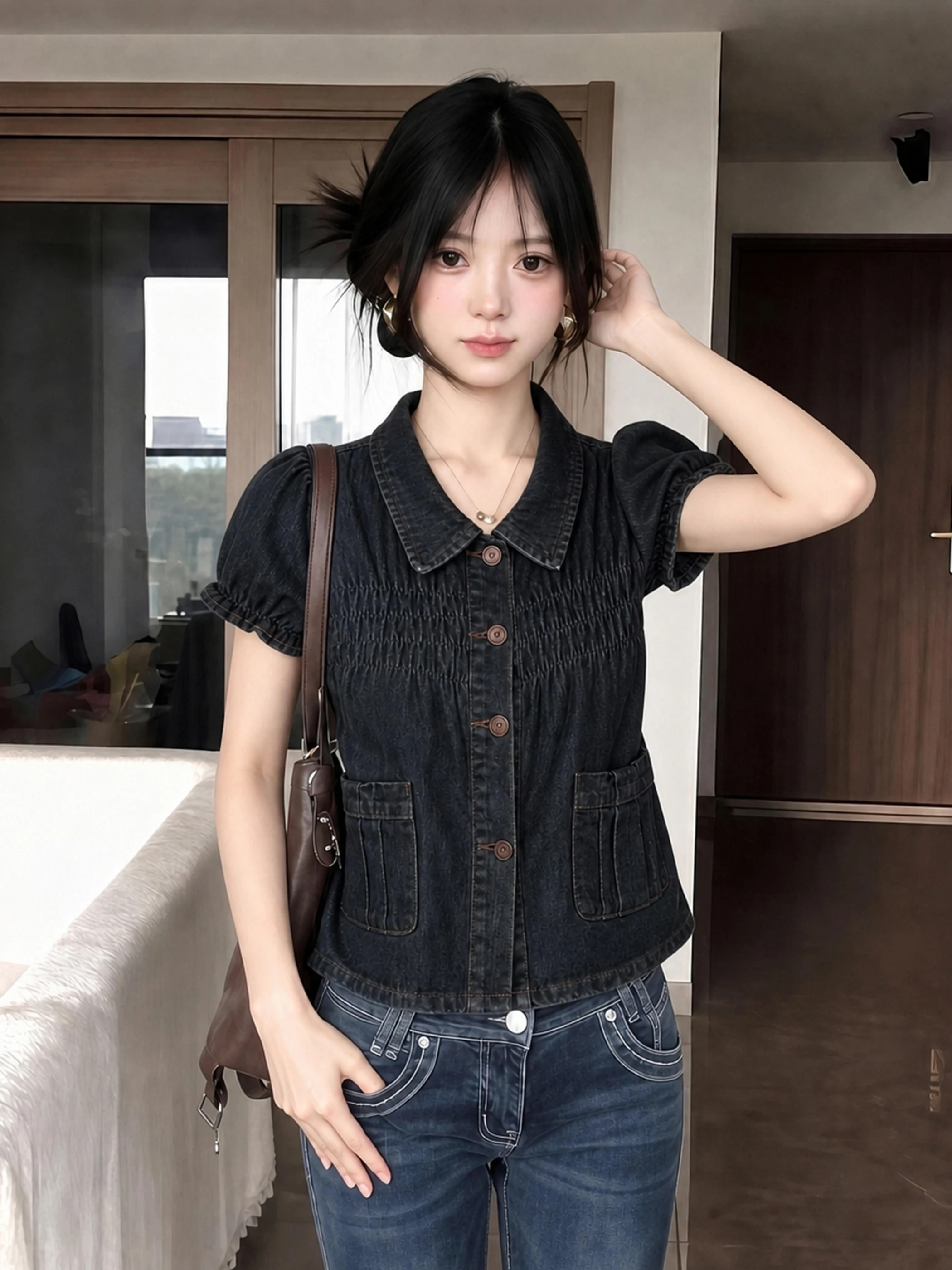 

Slimming Short Denim Shirt with Stand Collar Bubble Sleeves Double Pockets Single Button Front Casual Commute Style Women's Top