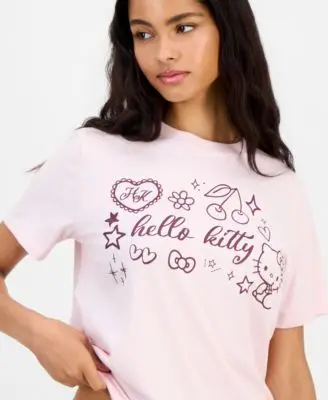 Hello Kitty and Friends Grid Collage Graphic T‑Shirt O‑Neck Short Sleeve Cute Cartoon Print Loose Cotton Casual Female Tee Tops