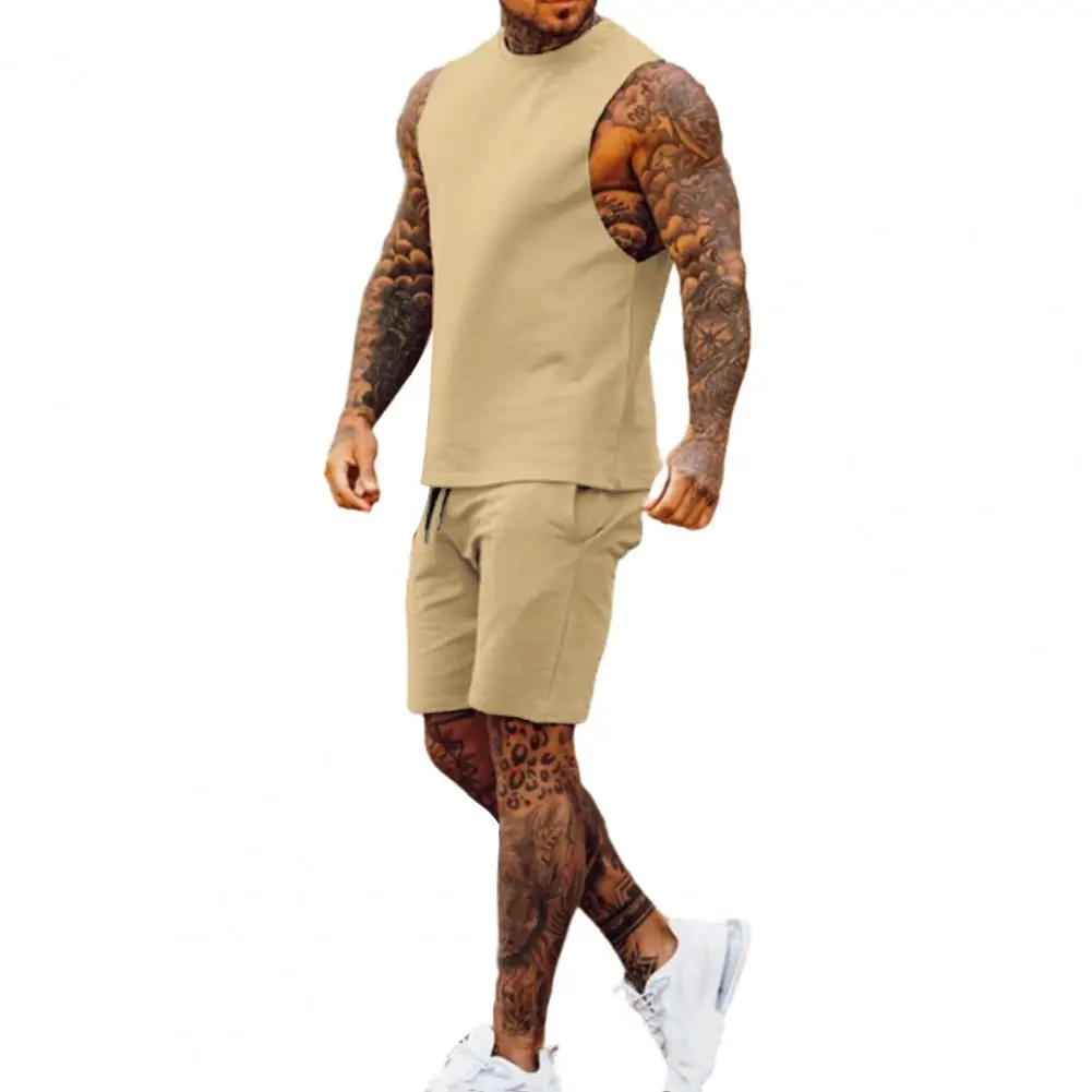 بدلة رياضية للرجال طقم بدلة رياضية للرجال، شورت برباط بخصر مطاطي، لون سادة، ملابس رياضية لسترة الصيف