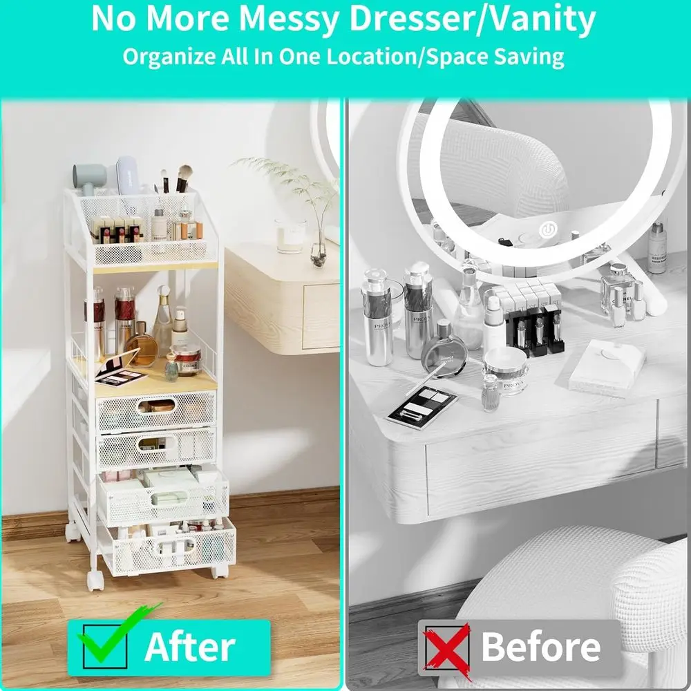 Chariot de maquillage roulant à 4 tiroirs – Organisateur de vanité au sol pour le rangement des soins de la peau, des cosmétiques, des parfums et des vernis à ongles.