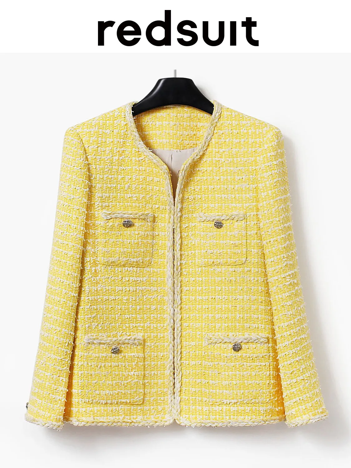 New Elegant yellow medium long floral yarn woven coarse woolen coat Custom Size