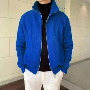 남성용 빈티지 스웨터 가디건, 슬림핏, 긴팔, 단색 니트 재킷 코트, 터틀넥 지퍼 스웨터, 가을 패션