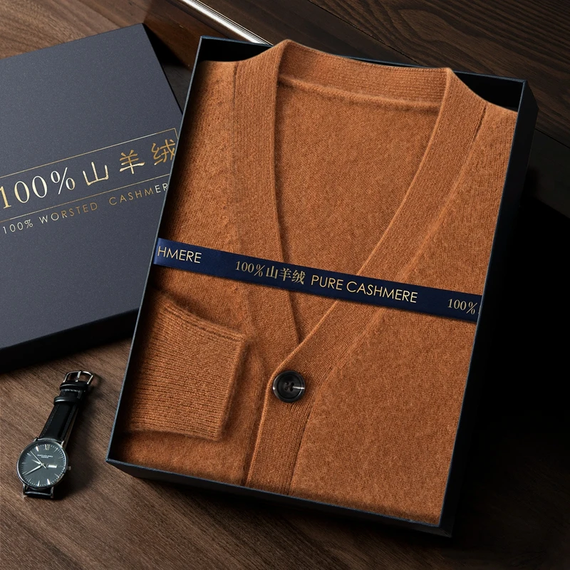 

Мужской кашемировый кардиган с v-образным вырезом, 100% кашемировая вязаная рубашка, однотонный базовый элегантный повседневный свитер, осень-зима, толстые мягкие удобные топы