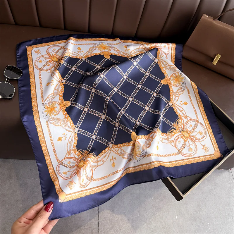Blue Classic Chain Print Square Silk Scarf Women Casual Elegant Thin Kerchief 70cm Neck Women Windproof Head Wrap Hair Scarves