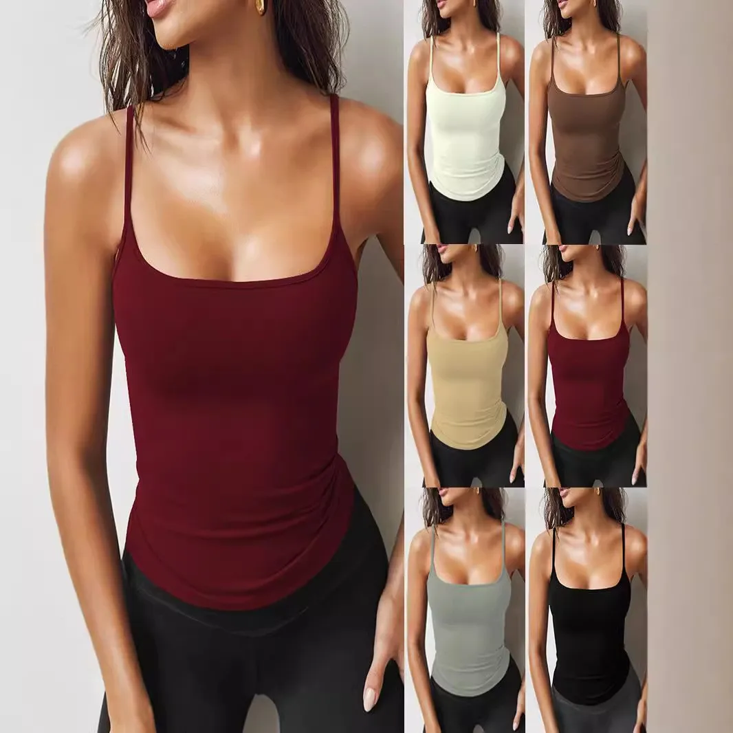 Women's Punk Spaghetti Strap Slim Fit Solid Color Short Tank Top Sexy Milk Silk Non-removable Strap Cropped Square Neck Female