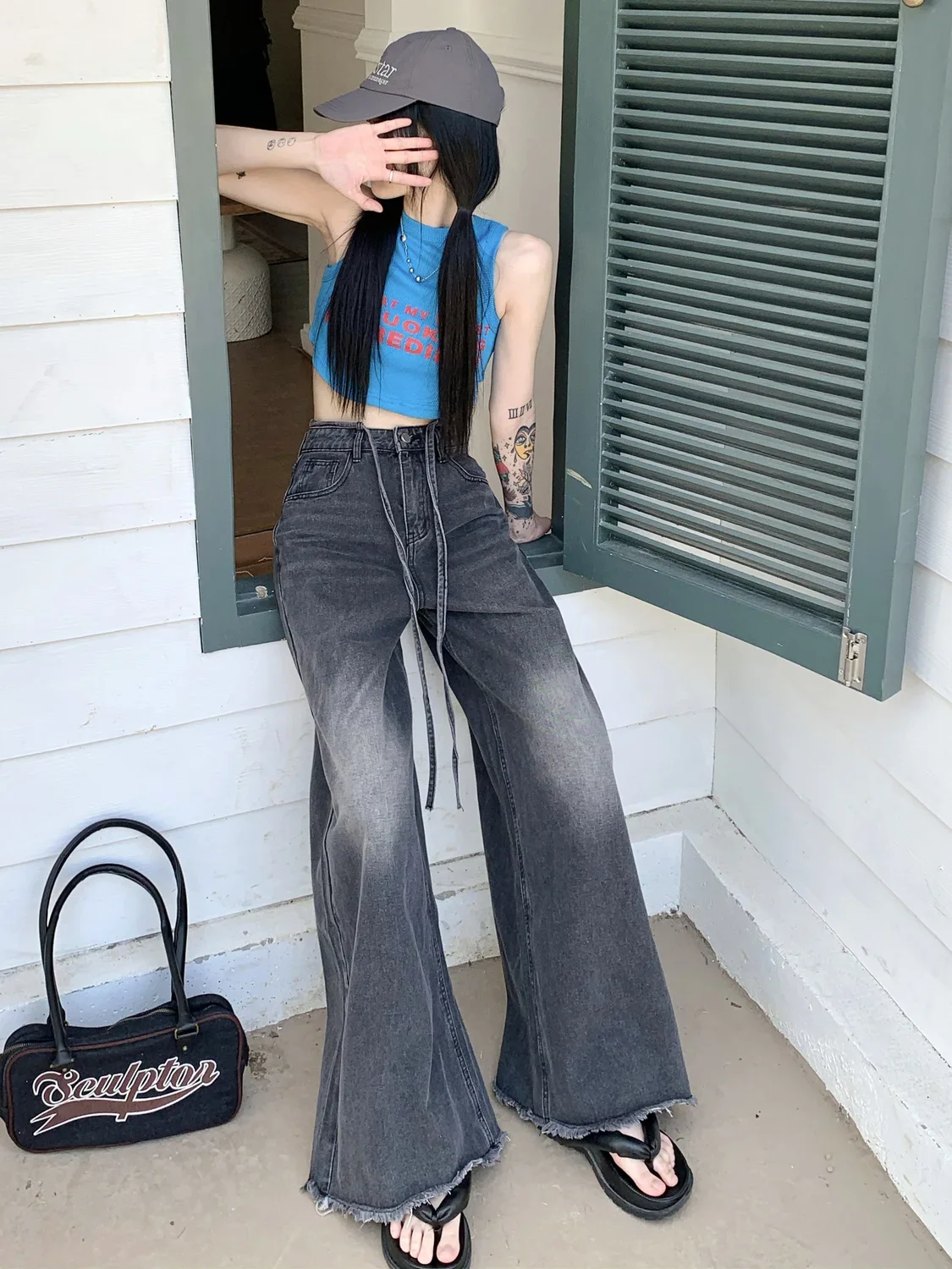 QWEEK Y2K Vintage 90s Black Jeans Grunge Distressed Baggy Denim Pants Female Oversize Korean Style Retro Basic Wide Leg Trousers