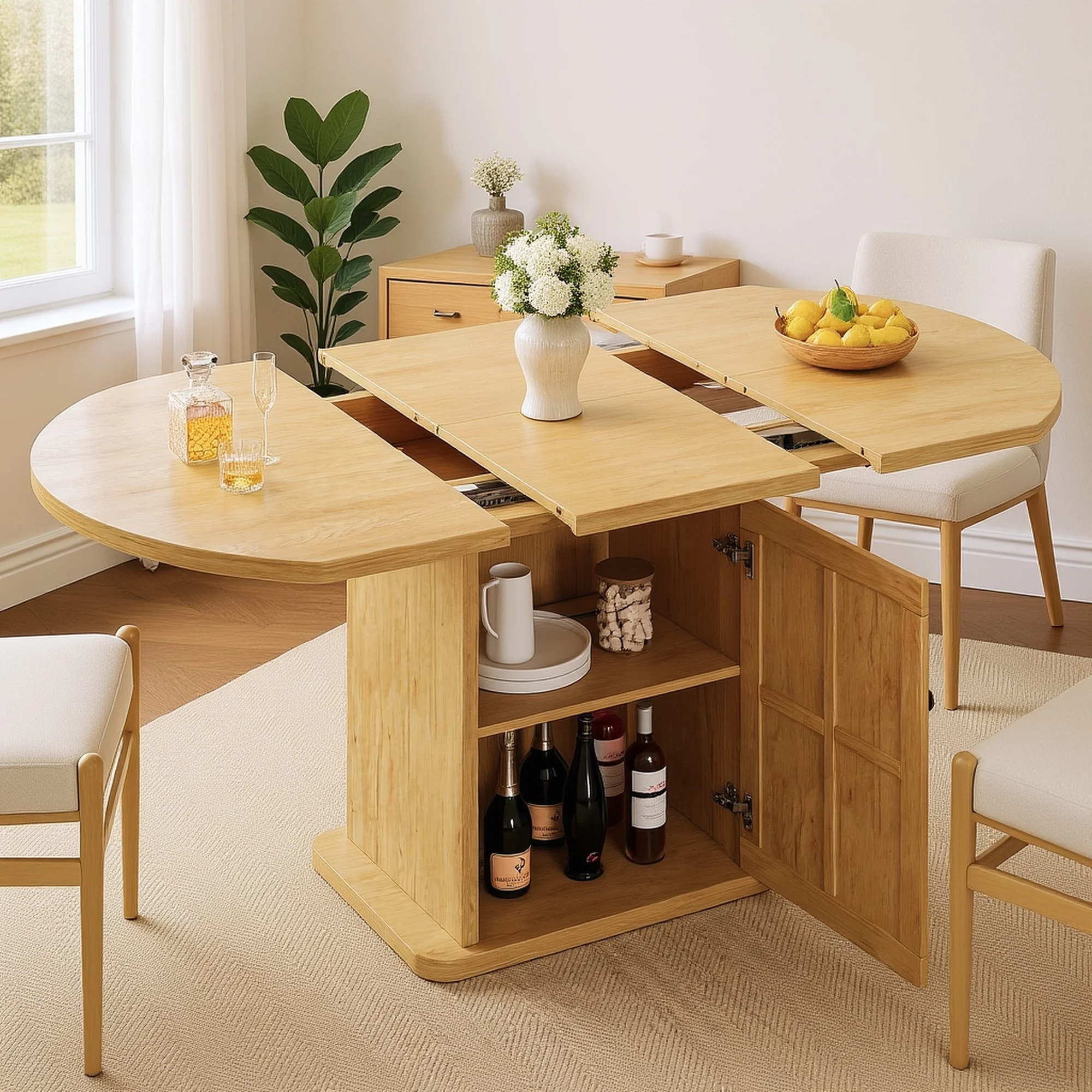 Extendable Round Dining Table, 59-inch Dining Kitchen Table with Storage, Grooved Wooden Sliding Doors & 3-Tier Shelving Design