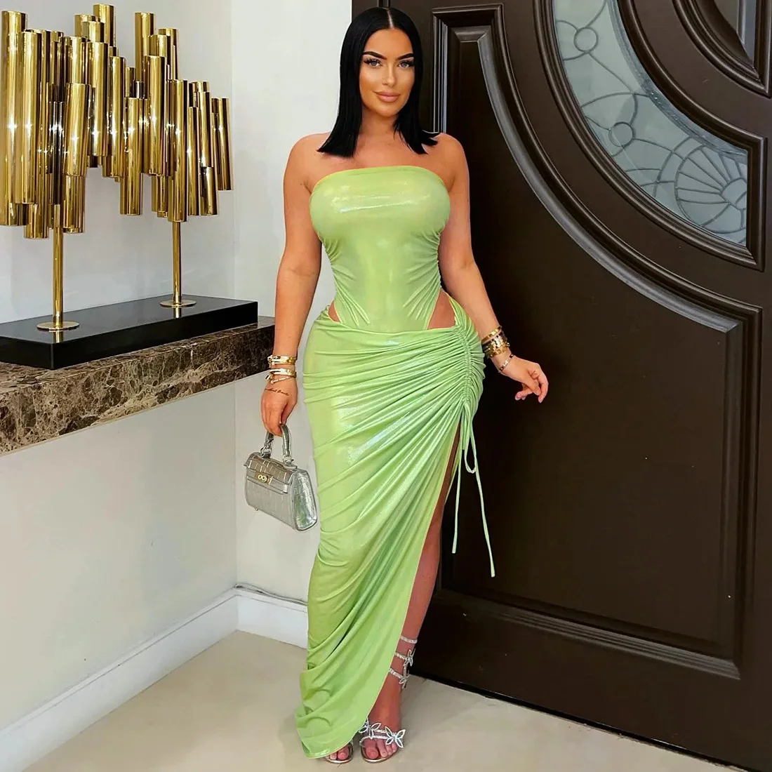 

Reflective Sexy Women 2 Piece Set 2025 Summer Strapless Bodysuit Shirring Bandage Irregular Long Skirt Party Club Outfits