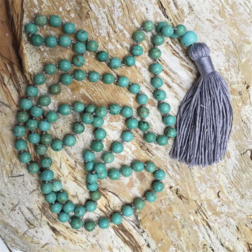 

6mm Turquoise Gemstone Knot Tassel Mala Necklace Nirvana Stone Beads 108 Bead Religious Prayer Teenagers Fashion Men