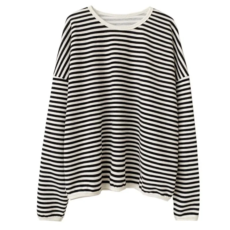 2023 spring and autumn new Korean version casual lazy style pullover striped sweater women\'s loose top coat