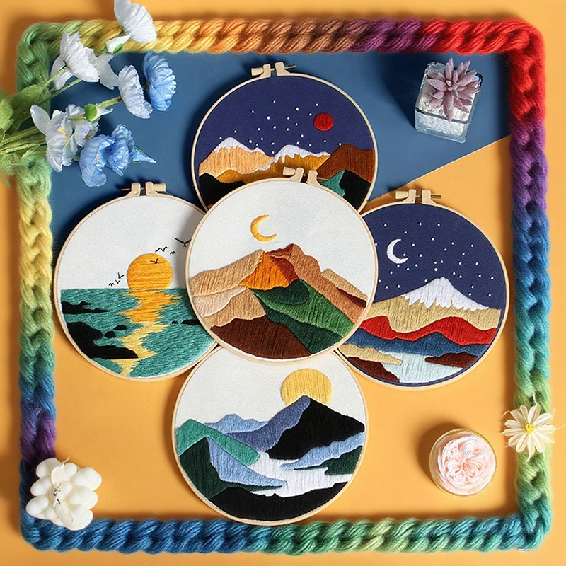 

Landscape Embroidery Kit with Hoop Pattern Printed Fabric Cross Stitch Needlework for Beginners Wall Art Home Decor Craft Gift