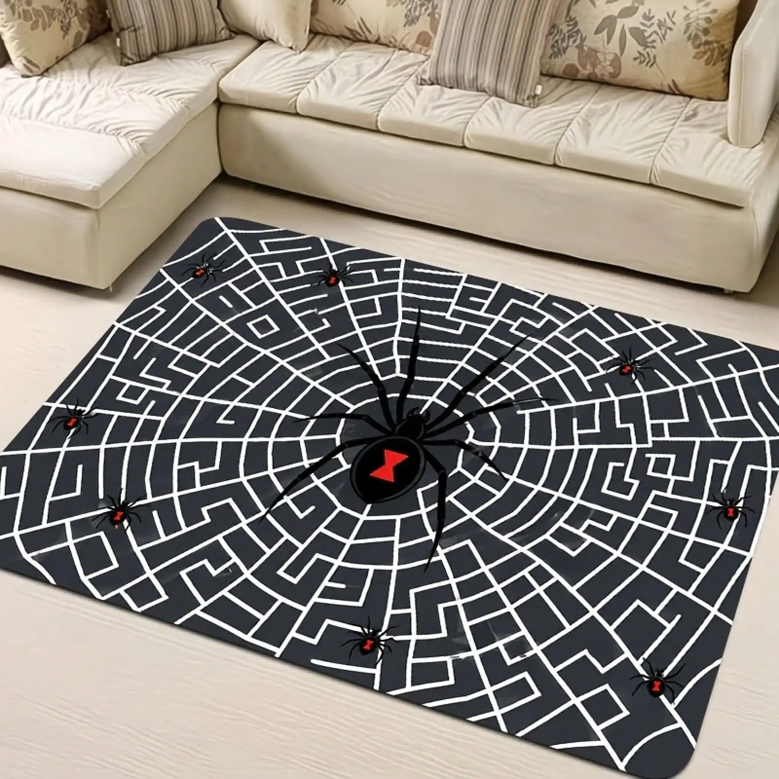 Halloween Dark Maze Spider Web Spider Flannel Doormat, Non-Slip Entryway Mat For Home Use