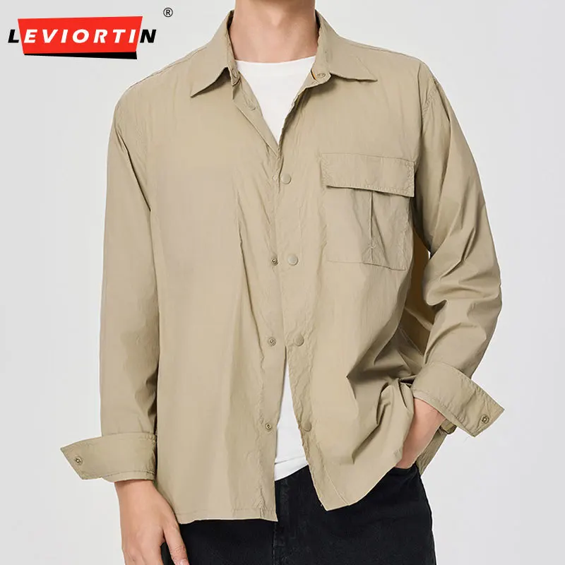 

Men's Workwear Shirt Autumn Spring Quick-dry Loose Long Sleeve Casual Top Korean Style Turn-Down Collar Solid Color Cargo Shirts