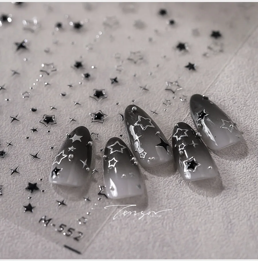 1Pcs 5D Relief Black Diamond Star Y2K Nail Stickers Hollow Out Five-Pointed Star Slider Bronzing Silver Star Manicure Decal 8x10