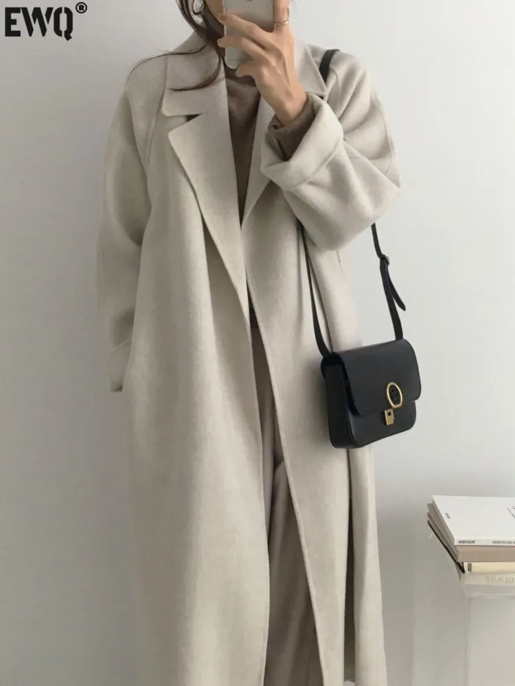 

[EWQ] Korean Gentle Temperament Loose Female Apricot Long Woolen Coat Simple Women Winter Thick Overcoat 2024 Autumn New 16O1884