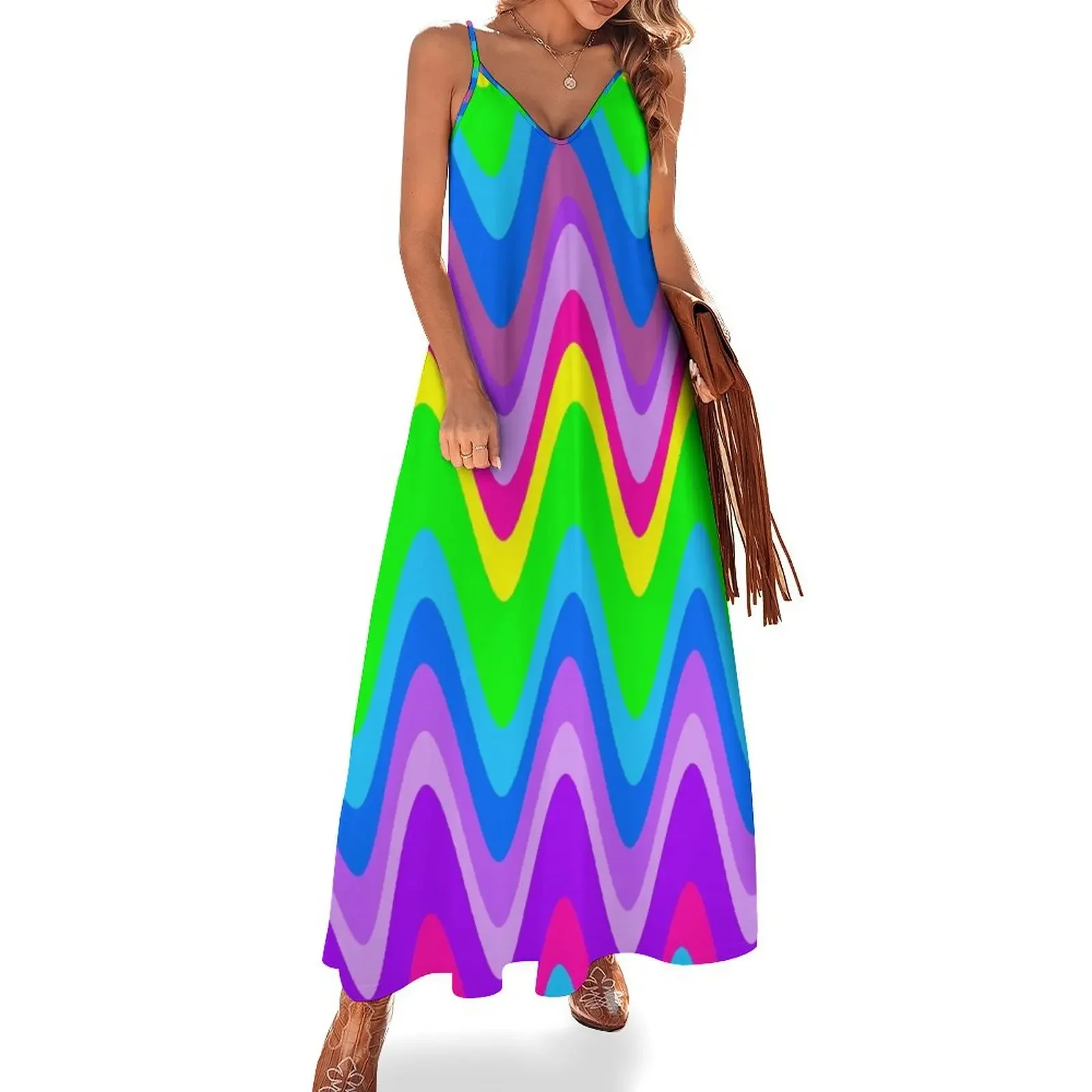 

Groovy Disco Waves - 70s Neon Glow Sleeveless Dress elegant dress purple dress