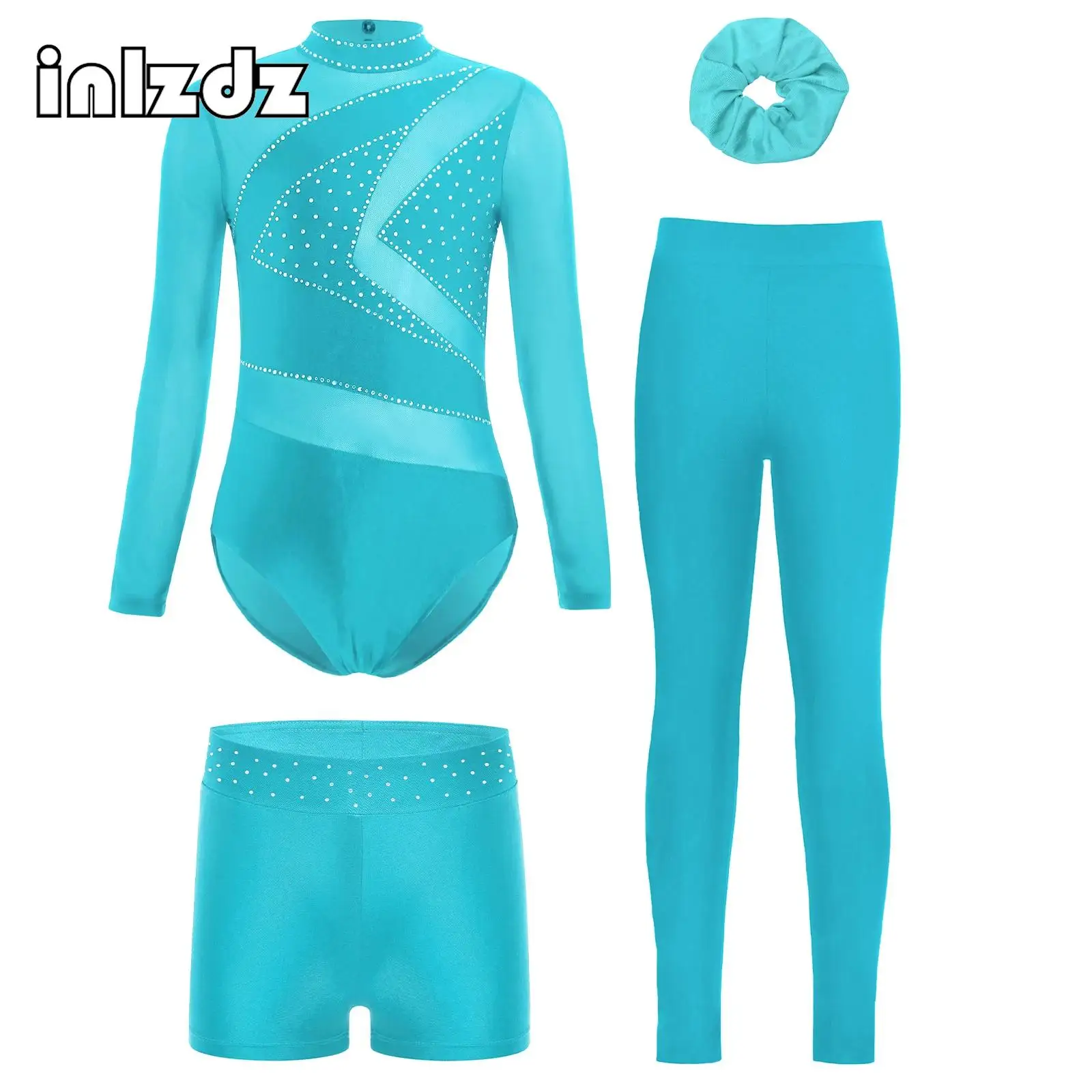 Set di danza classica per ragazze 4 pezzi Set di abbigliamento da ballo con strass a maniche lunghe per ginnastica ritmica per bambini