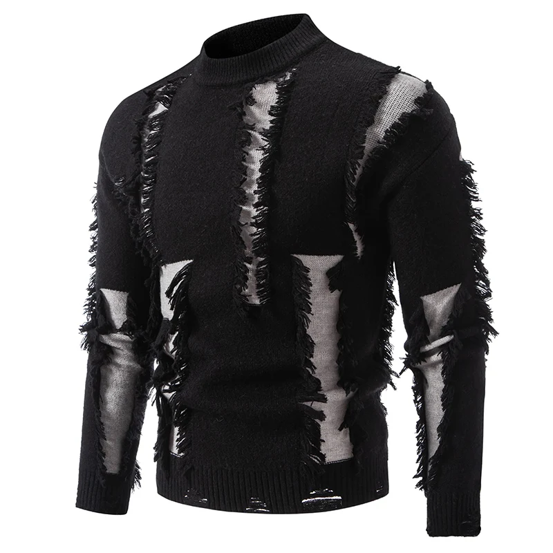 Hip Pop Distressed Winter Frayed Tassels Oversized Torn Goth Sweaters for Men Matching Ripped Grunge Aesthetic Clothing Pullover