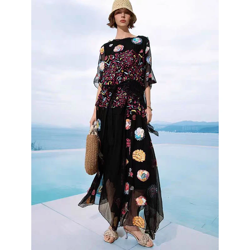 Exclusive Design Summer New Silk Three-Dimensional Embroidery O-Neck Lace Up Top+Elastic Waist Half Skirt Women's Two Piece Set